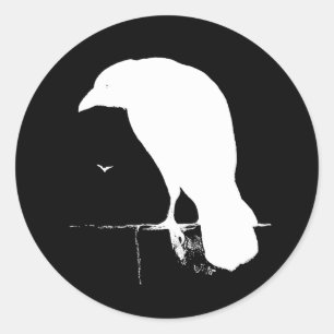  Raven Silhouette White op zwart - Aangepast Ronde Sticker