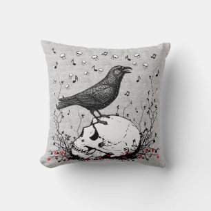 Raven Sings Song Death on Skull Illustration Kussen