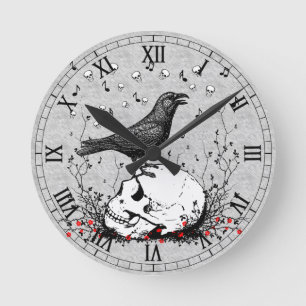 Raven Sings Song Death on Skull Illustration Ronde Klok