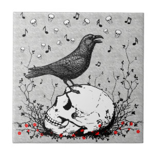 Raven Sings Song Death on Skull Illustration Tegeltje