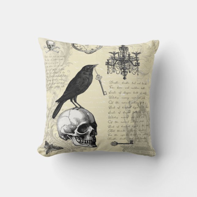 Raven Skull en Chandelier Gothic Halloween Kussen (Voorkant)