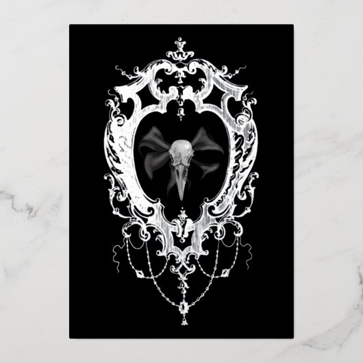 Raven Skull Silver Frame Goth Wedding Folie Uitnodiging (Voorkant)