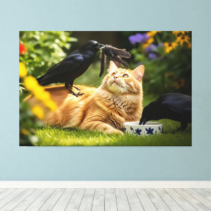 Raven spelen met kattenveren canvas afdruk