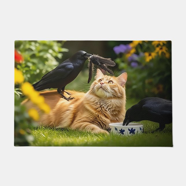 Raven spelen met kattenveren deurmat (Voorkant)