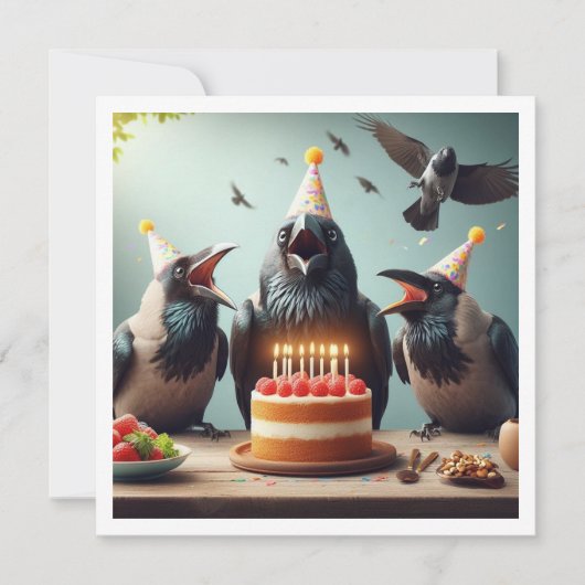Ravens eten verjaardagstaart, vogel verjaardag kaart (Voorkant)