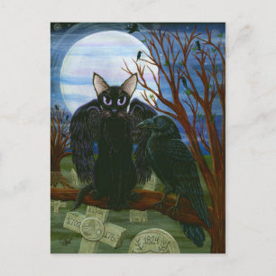 Raven's Moon Black Cat Crow Gothic Art Briefkaart