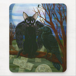 Raven's Moon Black Cat Crow Gothic Art Mousepad Muismat