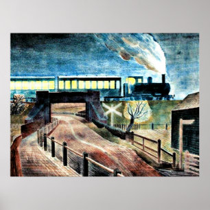 Ravilious art, Train die overheen Bridge 's nachts Poster