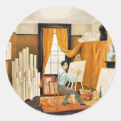 Ravilious - Edward Bawden aan het werk in zijn ate Ronde Sticker (Voorkant)