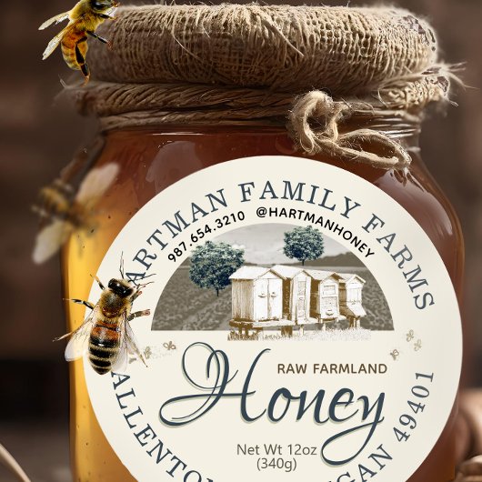 Raw Honey Hives Bijen Landbouwgrond Productlabel Ronde Sticker