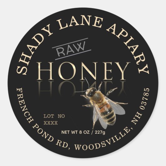 RAW Honey Label met Lot No. en Bee Gold Black (Voorkant)