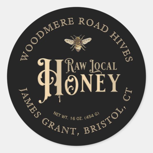 Raw Local Honey Custom Label met bijen op zwart (Voorkant)