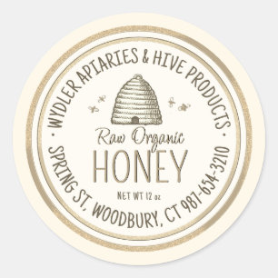 Raw Organic Honey Gold Grunge Border Skep and Bees Ronde Sticker