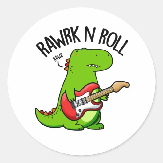 Rawk En Roll Grappige Rocker Dinosaurus Pun Ronde Sticker (Voorkant)