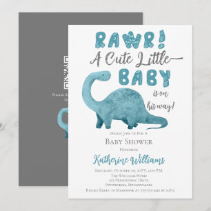 Rawr Blue Dinosaur QR Code Baby shower Uitnodiging
