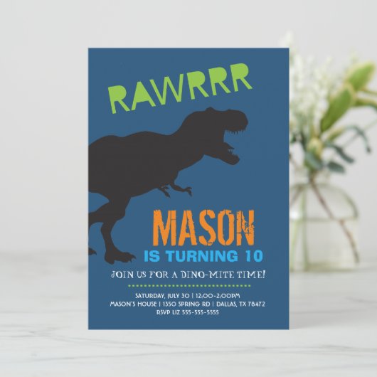 Rawr Dinosaur Boy Birthday Party Invitation Kaart (Staand voorkant)