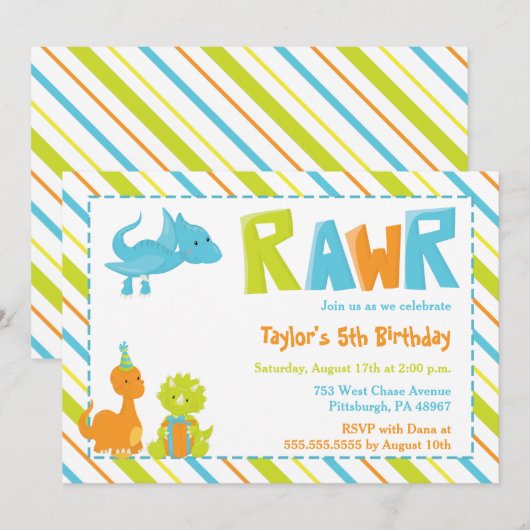 RAWR Dinosaurus Verjaardagsfeest Uitnodiging (Voorkant / Achterkant)