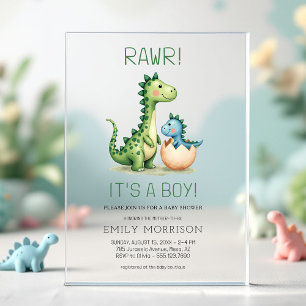 Rawr Het is een jongens dinosaurus baby jongen sho Acryl Uitnodigingen