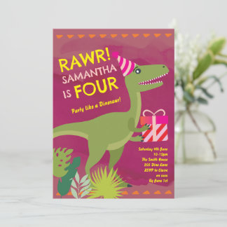 Rawr Ik ben vier Dinosaur Girl Verjaardagsuitnodig Kaart