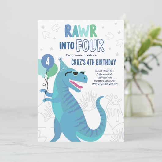 Rawr in vier T-Rex dinosaurus 4e verjaardag Kaart (Staand voorkant)