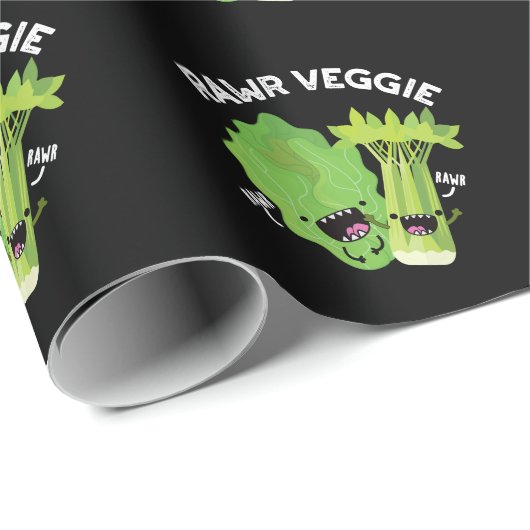 Rawr Veggie Funny Food Pun Dark BG Cadeaupapier (Rol Hoek)