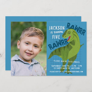 RAWRR Dinosaur Boys Kinder Blue Birthday Party Fot Kaart