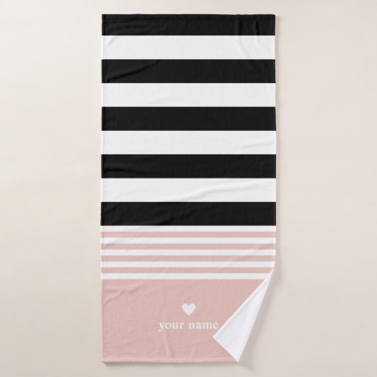 Rayé noir, blanc et rose personnalisé (Serviette de bain)
