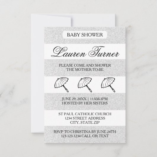 Rayures Argent et Blanc - Invitation Baby Shower 3 (Devant)