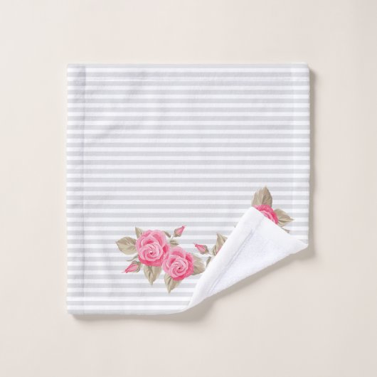 Rayures blanches et grises de rose de bourgeon (Gant de toilette)