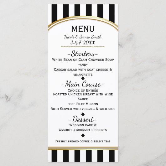 Rayures noires et blanches avec menu élégant doré (Devant)
