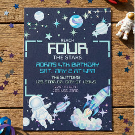 Reach Four the Stars Blue Green Space 4th Birthday Kaart