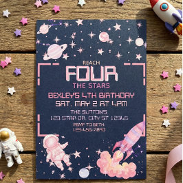 Reach Four the Stars Pink Space 4th Birthday Kaart