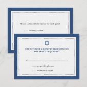 Reactie van de marineblauwe gestippelde grensbruil RSVP kaartje (Voorkant / Achterkant)