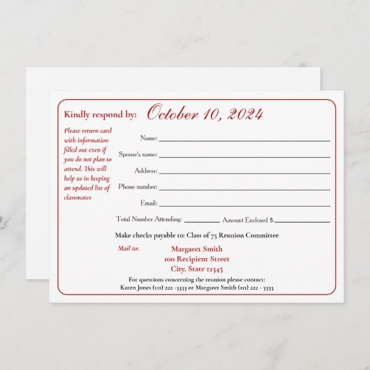 Reactieformulier reünie klasse Varsity Stripe Kaart (Voorkant / Achterkant)