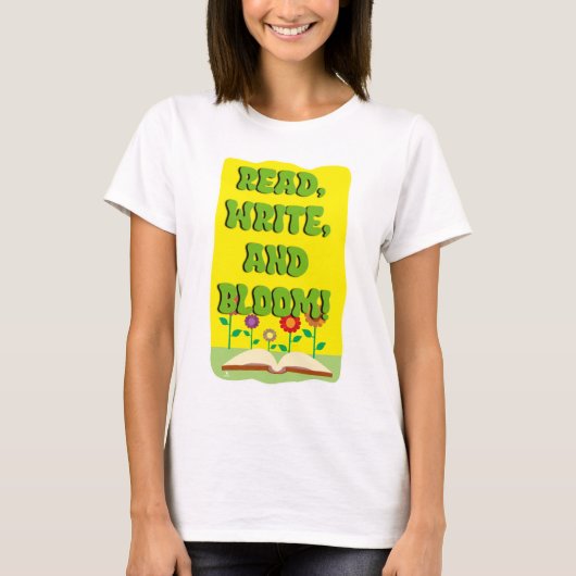 Read Write Bloom Cool Bookworm Slogan T-shirt (Voorkant)