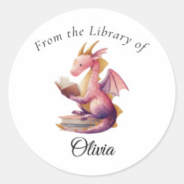 Reading Dragon Round Bookplate – From the Library Ronde Sticker