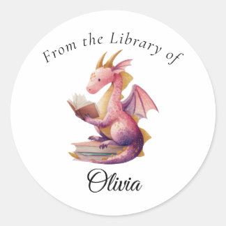 Reading Dragon Round Bookplate – From the Library Ronde Sticker