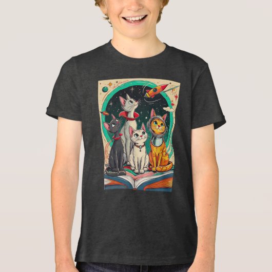 Reading Opens a Gateway to Cosmic Cat Adventures Tri-Blend Shirt (Voorkant)