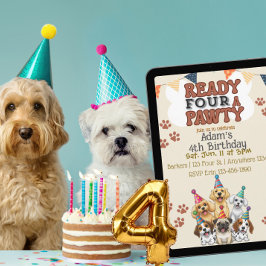 Ready FOUR a Pawty, Dog 4th Birthday Invitation Kaart