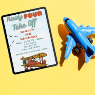 Ready FOUR Take Off, airplane 4th Birthday Kaart