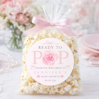 Ready to Pop Floral Bow Baby Shower Popcorn Bag  Ronde Sticker