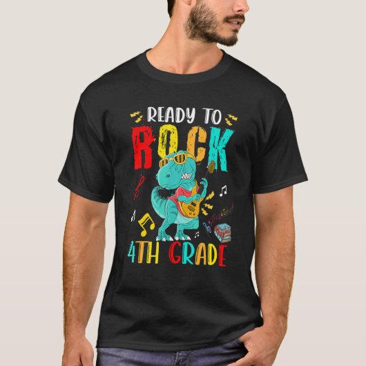 Ready To Rock 4th Grade rex Playing Guitar T-shirt (Voorkant)