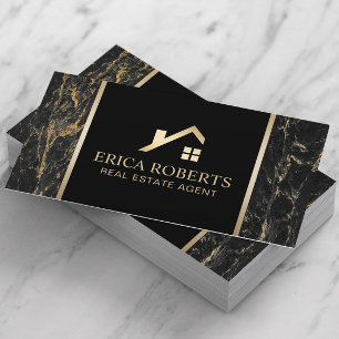 Real Estate Agent Modern Black & Gold Marble Visitekaartje
