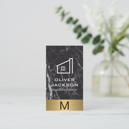 Real Estate Gouden Metaal Trim Monogram | Marmer Visitekaartje (Staand voorkant)