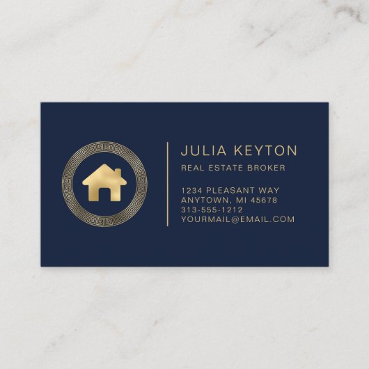 Real Estate House Logo Greek Key Lijst Blue Gold Visitekaartje (Voorkant)