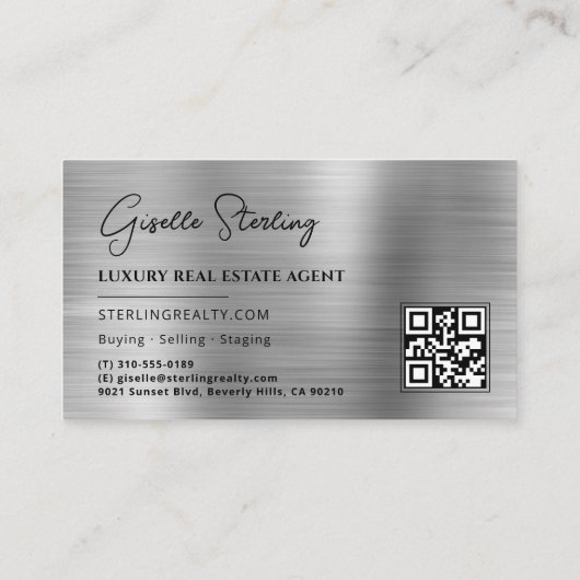 Real Estate QR Code Photo Faux Silver Metallic Visitekaartje (Achterkant)