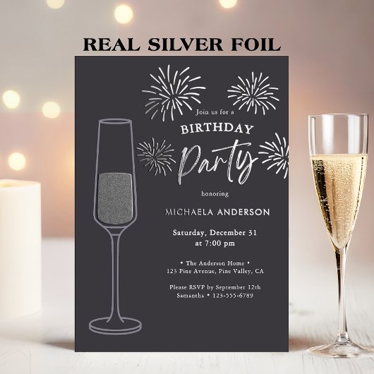 Real Foil Fireworks & Champagne Birthday Party Folie Uitnodiging