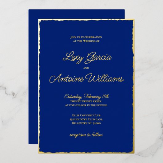 Real Foil Luxe Gold Edge Royal Blue Invitation (Recto/Verso)