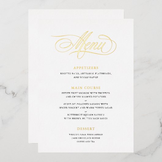 Real Foil Mariage Menu Classic Script Calligraphie (Recto/Verso)