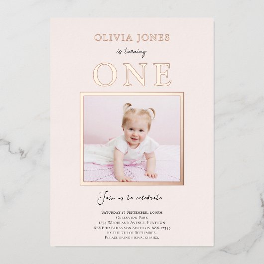 Real Foil, Photo 1er Anniversaire invitation en ro (Recto)